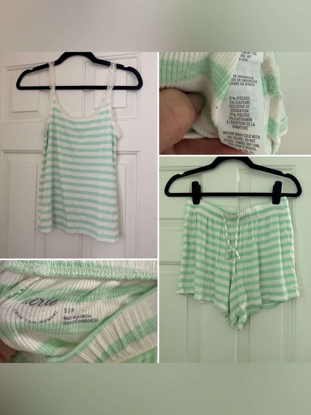 aerie Ribbed White and Mint Green Striped Loungewear Pajama Set